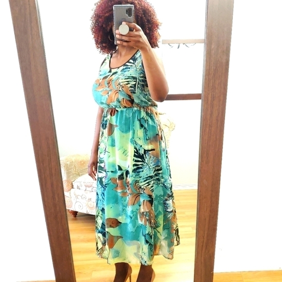 FUN & Flirt Women Sleeveless Green Dress Size Large Tropical Maxi Dress - Picture 1 of 15